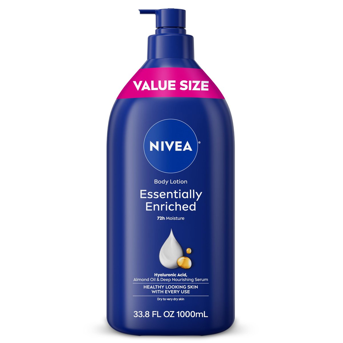 NIVEA Essentially Enriched Body Lotion for Very Dry Skin, 33.8 Fl Oz Pump Bottle with Hyaluronic Acid, Almond Oil & Deep Nourishing Serum, 72-Hour Moisture Avelisse