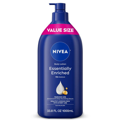 NIVEA Essentially Enriched Body Lotion for Very Dry Skin, 33.8 Fl Oz Pump Bottle with Hyaluronic Acid, Almond Oil & Deep Nourishing Serum, 72-Hour Moisture Avelisse