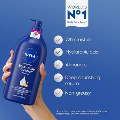 NIVEA Essentially Enriched Body Lotion for Very Dry Skin, 33.8 Fl Oz Pump Bottle with Hyaluronic Acid, Almond Oil & Deep Nourishing Serum, 72-Hour Moisture Avelisse