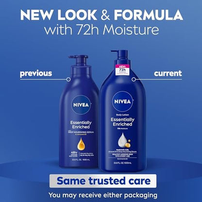 NIVEA Essentially Enriched Body Lotion for Very Dry Skin, 33.8 Fl Oz Pump Bottle with Hyaluronic Acid, Almond Oil & Deep Nourishing Serum, 72-Hour Moisture Avelisse