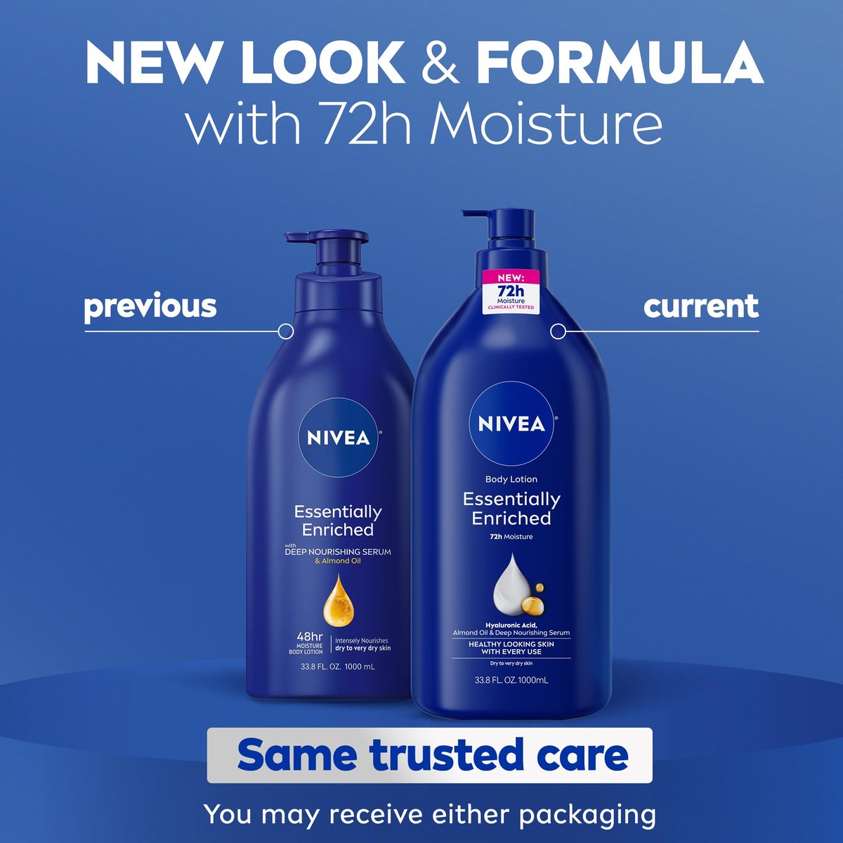 NIVEA Essentially Enriched Body Lotion for Very Dry Skin, 33.8 Fl Oz Pump Bottle with Hyaluronic Acid, Almond Oil & Deep Nourishing Serum, 72-Hour Moisture Avelisse
