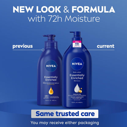 NIVEA Essentially Enriched Body Lotion for Very Dry Skin, 33.8 Fl Oz Pump Bottle with Hyaluronic Acid, Almond Oil & Deep Nourishing Serum, 72-Hour Moisture Avelisse