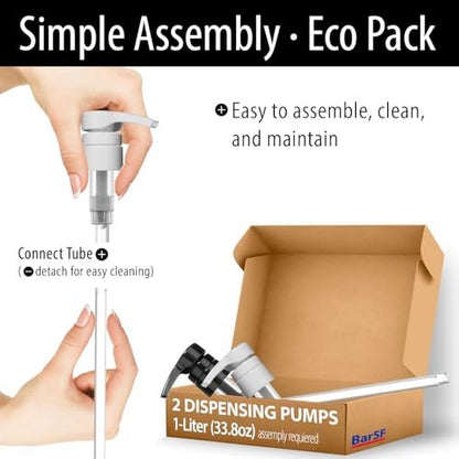Bar5F Pump Dispensers for Shampoo, Conditioner, Lotion & Body Wash – Fits 1 Inch Bottle Necks, 1 Liter / 33.8 oz Bottles (Black & White, 2 Pack)