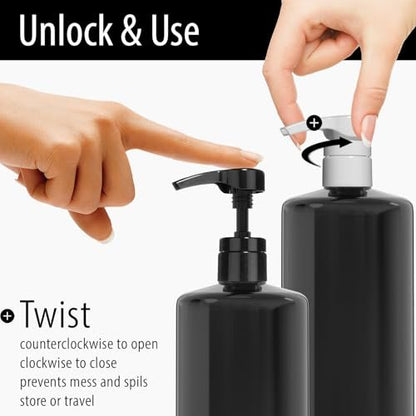 Bar5F Pump Dispensers for Shampoo, Conditioner, Lotion & Body Wash – Fits 1 Inch Bottle Necks, 1 Liter / 33.8 oz Bottles (Black & White, 2 Pack)