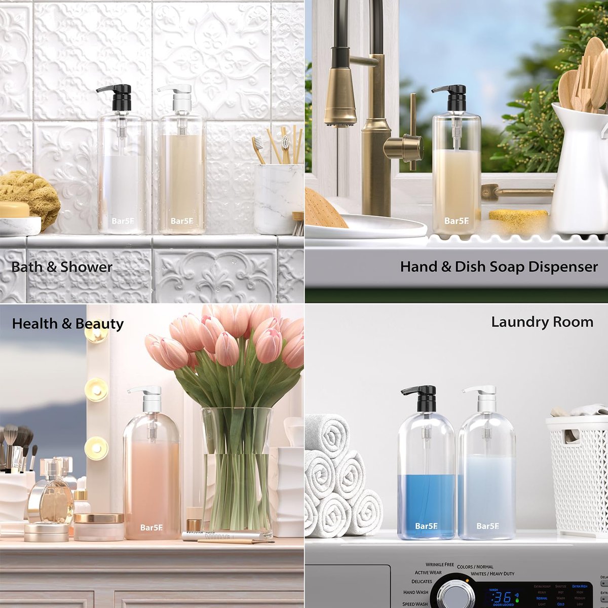 Bar5F Pump Dispensers for Shampoo, Conditioner, Lotion & Body Wash – Fits 1 Inch Bottle Necks, 1 Liter / 33.8 oz Bottles (Black & White, 2 Pack) - görsel 7