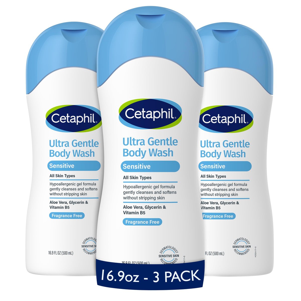 Cetaphil Ultra Gentle Body Wash for Dry to Normal, Sensitive Skin, 16.9 Fl Oz (Pack of 3) - Hypoallergenic, Fragrance Free, Paraben Free, Dermatologist Tested Avelisse