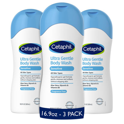 Cetaphil Ultra Gentle Body Wash for Dry to Normal, Sensitive Skin, 16.9 Fl Oz (Pack of 3) - Hypoallergenic, Fragrance Free, Paraben Free, Dermatologist Tested Avelisse