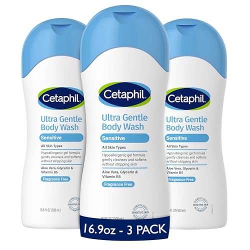 Cetaphil Ultra Gentle Body Wash for Dry to Normal, Sensitive Skin, 16.9 Fl Oz (Pack of 3) - Hypoallergenic, Fragrance Free, Paraben Free, Dermatologist Tested Avelisse