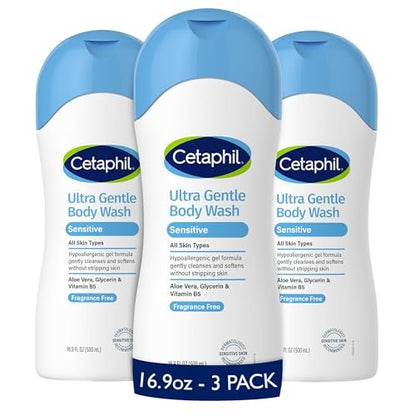 Cetaphil Ultra Gentle Body Wash for Dry to Normal, Sensitive Skin, 16.9 Fl Oz (Pack of 3) - Hypoallergenic, Fragrance Free, Paraben Free, Dermatologist Tested Avelisse
