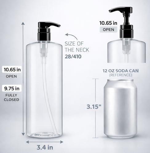Bar5F Empty Shampoo Bottles with Pumps (2-Pack 32oz/1 Liter/Large) BPA-Free PETE1 Plastic Bottle Crystal-Clear Avelisse