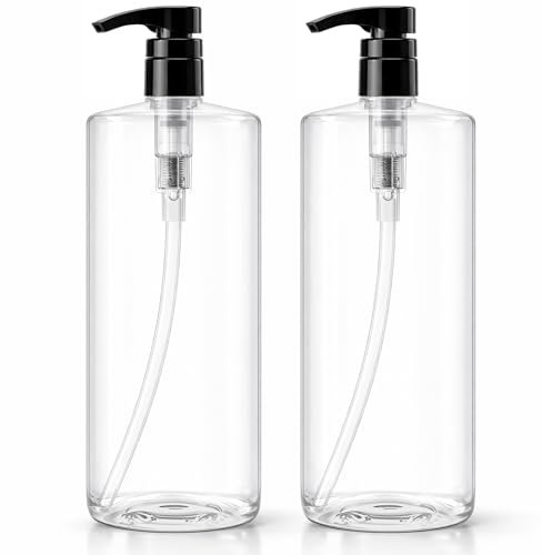 Bar5F Empty Shampoo Bottles with Pumps (2-Pack 32oz/1 Liter/Large) BPA-Free PETE1 Plastic Bottle Crystal-Clear Avelisse
