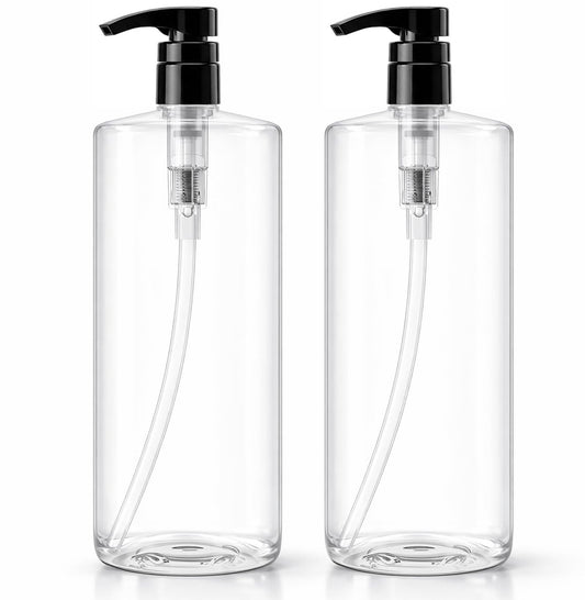 Bar5F Empty Shampoo Bottles with Pumps (2-Pack 32oz/1 Liter/Large) BPA-Free PETE1 Plastic Bottle Crystal-Clear Avelisse
