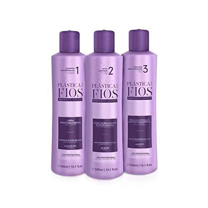 Plastica Dos Fios Brazilian Keratin Hair Smoothing System - Anti Residue Shampoo & Repair Mask (3x300 ml) with Comb Avelisse