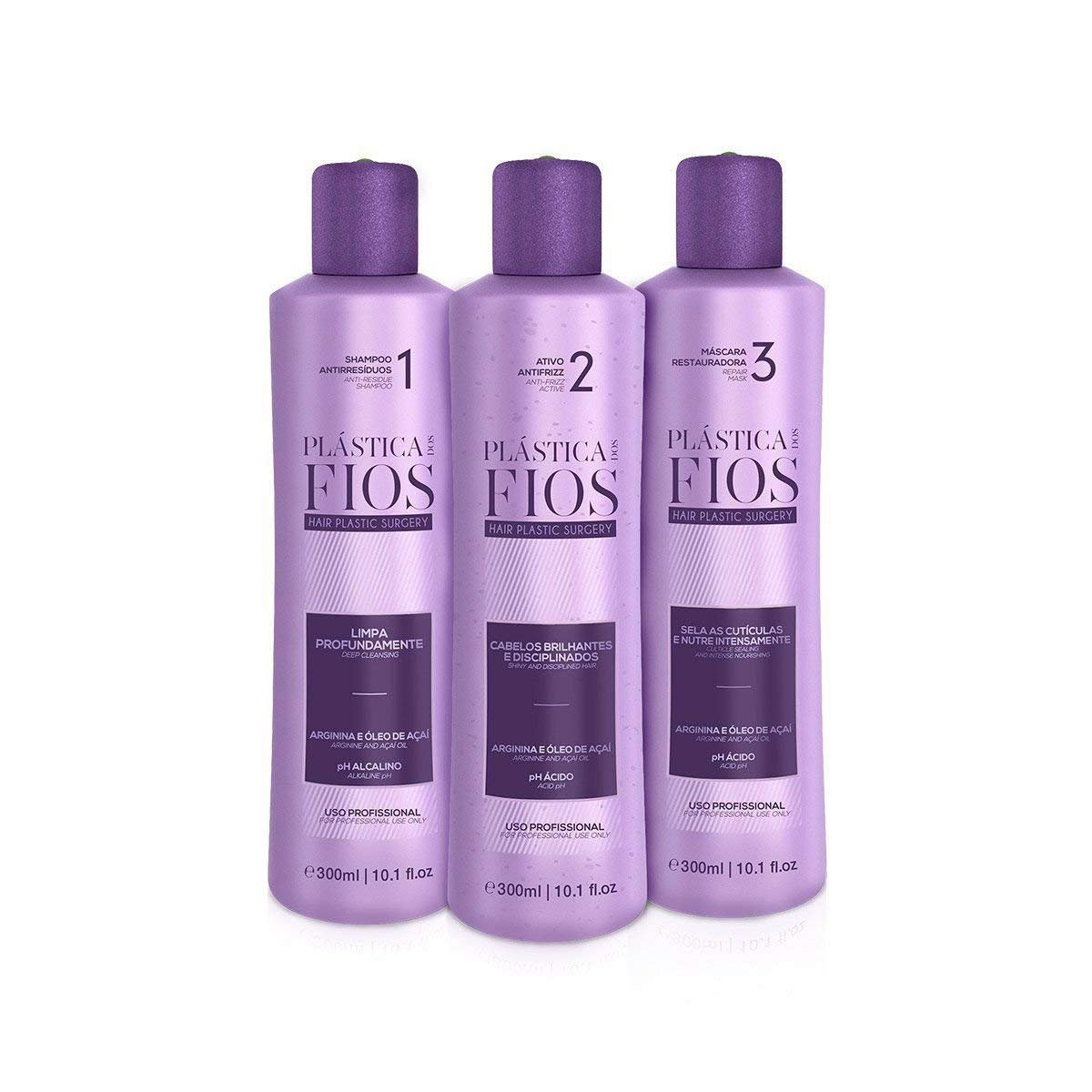 Plastica Dos Fios Brazilian Keratin Hair Smoothing System - Anti Residue Shampoo & Repair Mask (3x300 ml) with Comb Avelisse