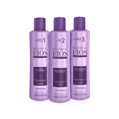 Plastica Dos Fios Brazilian Keratin Hair Smoothing System - Anti Residue Shampoo & Repair Mask (3x300 ml) with Comb Avelisse