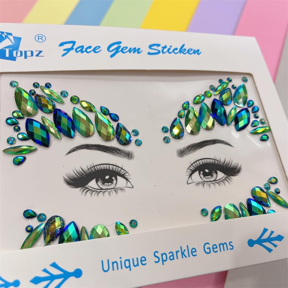 Emerald Green Face Jewels for Festivals - Temporary Tattoo Gems Around Eyes & Forehead Stickers for Women - görsel 9