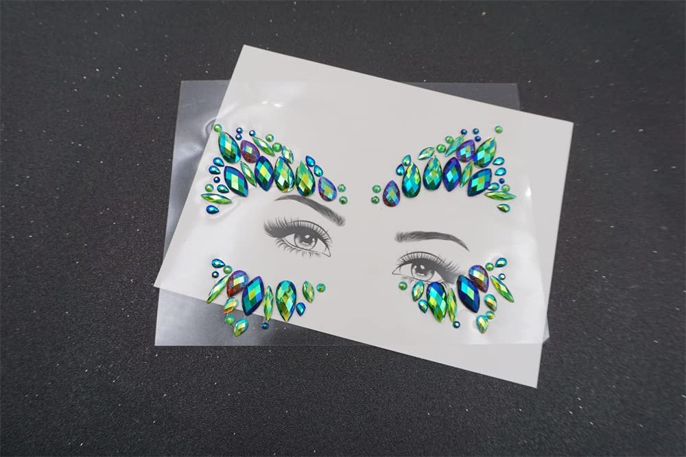 Emerald Green Face Jewels for Festivals - Temporary Tattoo Gems Around Eyes & Forehead Stickers for Women - görsel 13