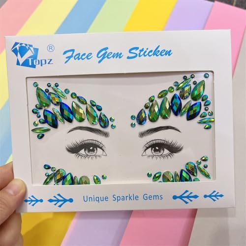 Emerald Green Face Jewels for Festivals - Temporary Tattoo Gems Around Eyes & Forehead Stickers for Women - görsel 6