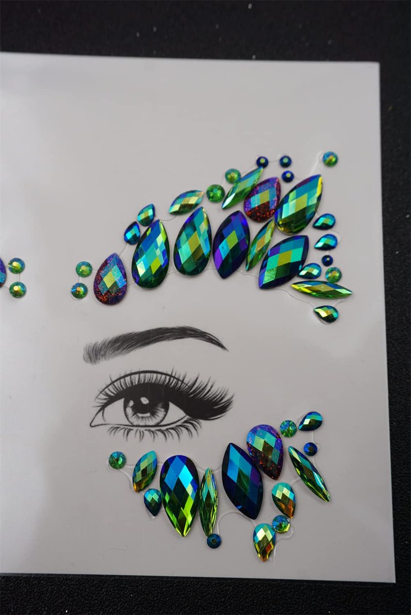 Emerald Green Face Jewels for Festivals - Temporary Tattoo Gems Around Eyes & Forehead Stickers for Women - görsel 7