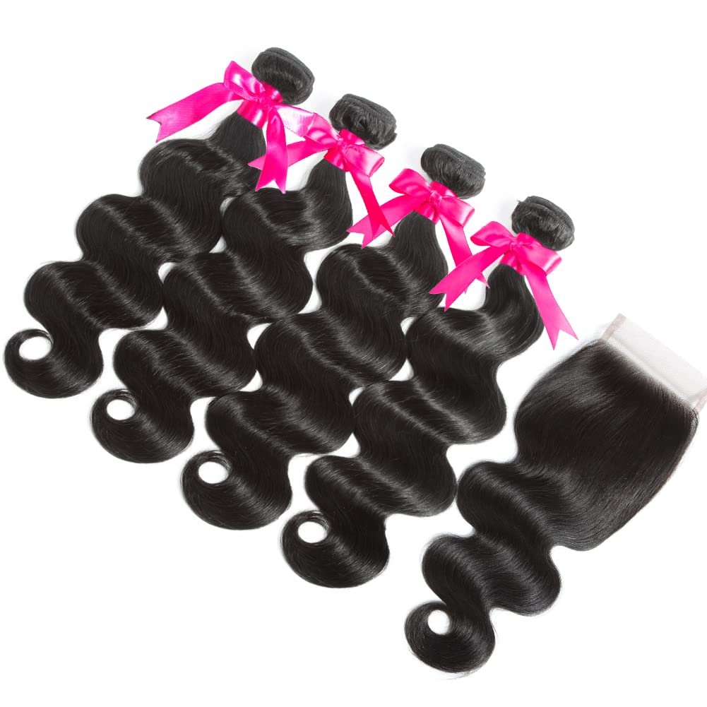 Flady 10A Brazilian Body Wave 4 Bundles with Closure Unprocessed Virgin Human Hair Extensions (14 16 18 20+12 Inch) - görsel 3