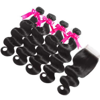Flady 10A Brazilian Body Wave 4 Bundles with Closure Unprocessed Virgin Human Hair Extensions (14 16 18 20+12 Inch)