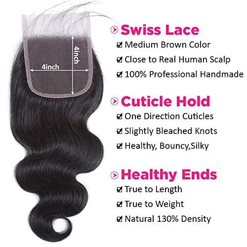 Flady 10A Brazilian Body Wave 4 Bundles with Closure Unprocessed Virgin Human Hair Extensions (14 16 18 20+12 Inch) - görsel 8