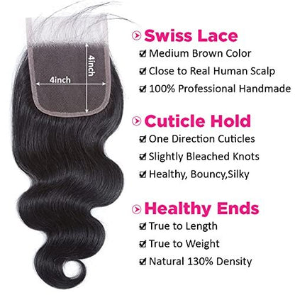 Flady 10A Brazilian Body Wave 4 Bundles with Closure Unprocessed Virgin Human Hair Extensions (14 16 18 20+12 Inch)