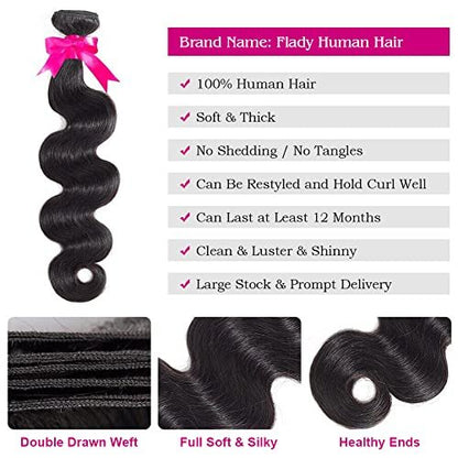Flady 10A Brazilian Body Wave 4 Bundles with Closure Unprocessed Virgin Human Hair Extensions (14 16 18 20+12 Inch)