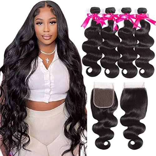 Flady 10A Brazilian Body Wave 4 Bundles with Closure Unprocessed Virgin Human Hair Extensions (14 16 18 20+12 Inch) - görsel 2