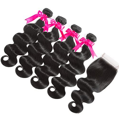 Flady 10A Brazilian Body Wave 4 Bundles with Closure Unprocessed Virgin Human Hair Extensions (14 16 18 20+12 Inch)