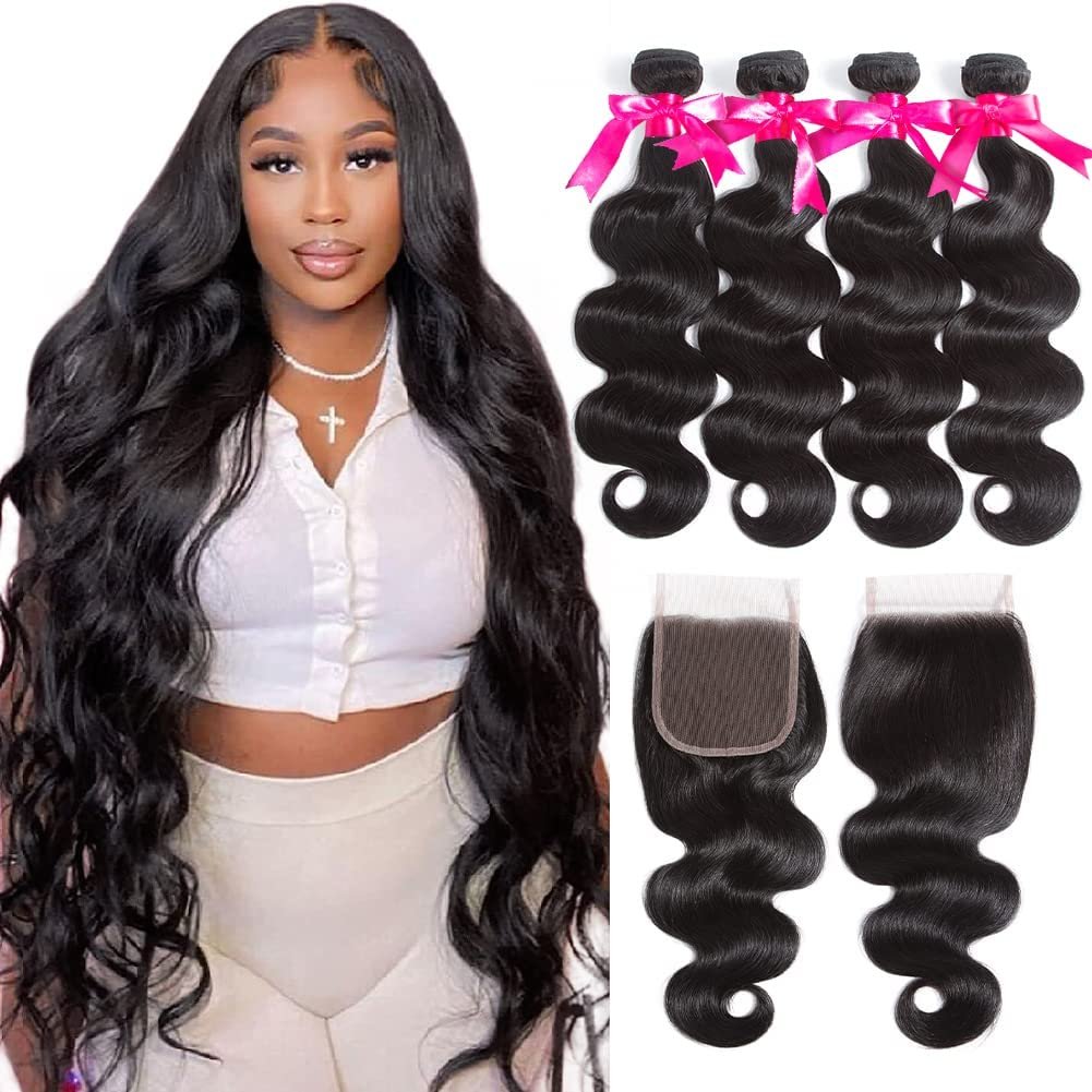 Flady 10A Brazilian Body Wave 4 Bundles with Closure Unprocessed Virgin Human Hair Extensions (14 16 18 20+12 Inch) - görsel 1