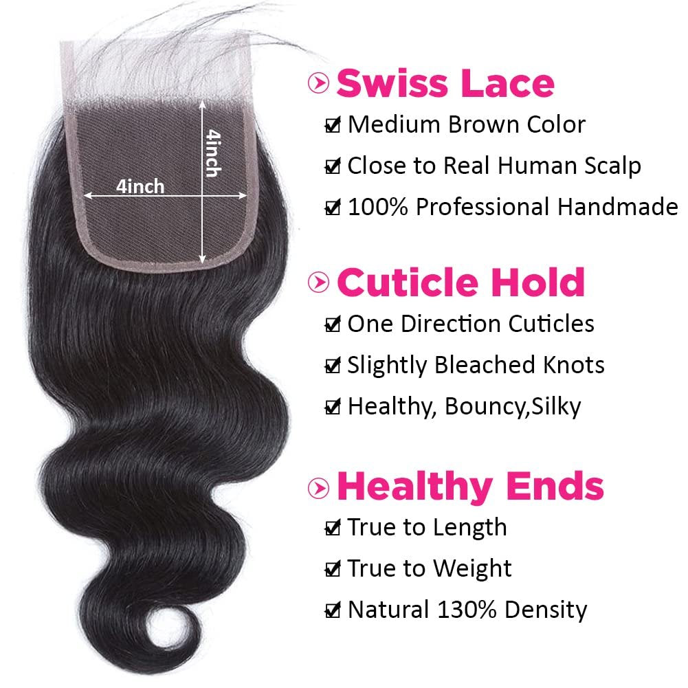 Flady 10A Brazilian Body Wave 4 Bundles with Closure Unprocessed Virgin Human Hair Extensions (14 16 18 20+12 Inch) - görsel 7