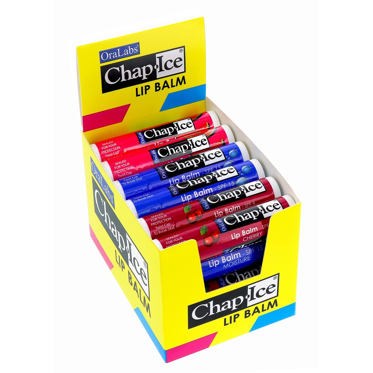 Chap-Ice Premium Lip Balm Assorted 24-Stick Pack with SPF-15 – Cherry, Moisture & Watermelon Avelisse
