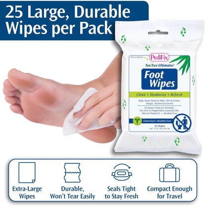 PediFix Tea Tree Ultimates Foot Wipes – Natural Deodorizing & Cleansing with Tea Tree Oil, Peppermint & Aloe Vera for Odor & Sweat Relief, 25 Count