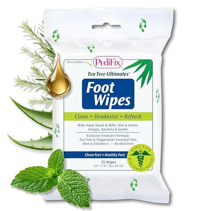 PediFix Tea Tree Ultimates Foot Wipes – Natural Deodorizing & Cleansing with Tea Tree Oil, Peppermint & Aloe Vera for Odor & Sweat Relief, 25 Count