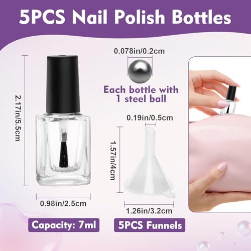 AHIER Empty Nail Polish Clear Bottles with Brush Cap Funnel and Mixing Ball (7ml, 5 Pack) - görsel 3