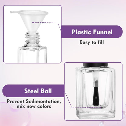 AHIER Empty Nail Polish Clear Bottles with Brush Cap Funnel and Mixing Ball (7ml, 5 Pack)