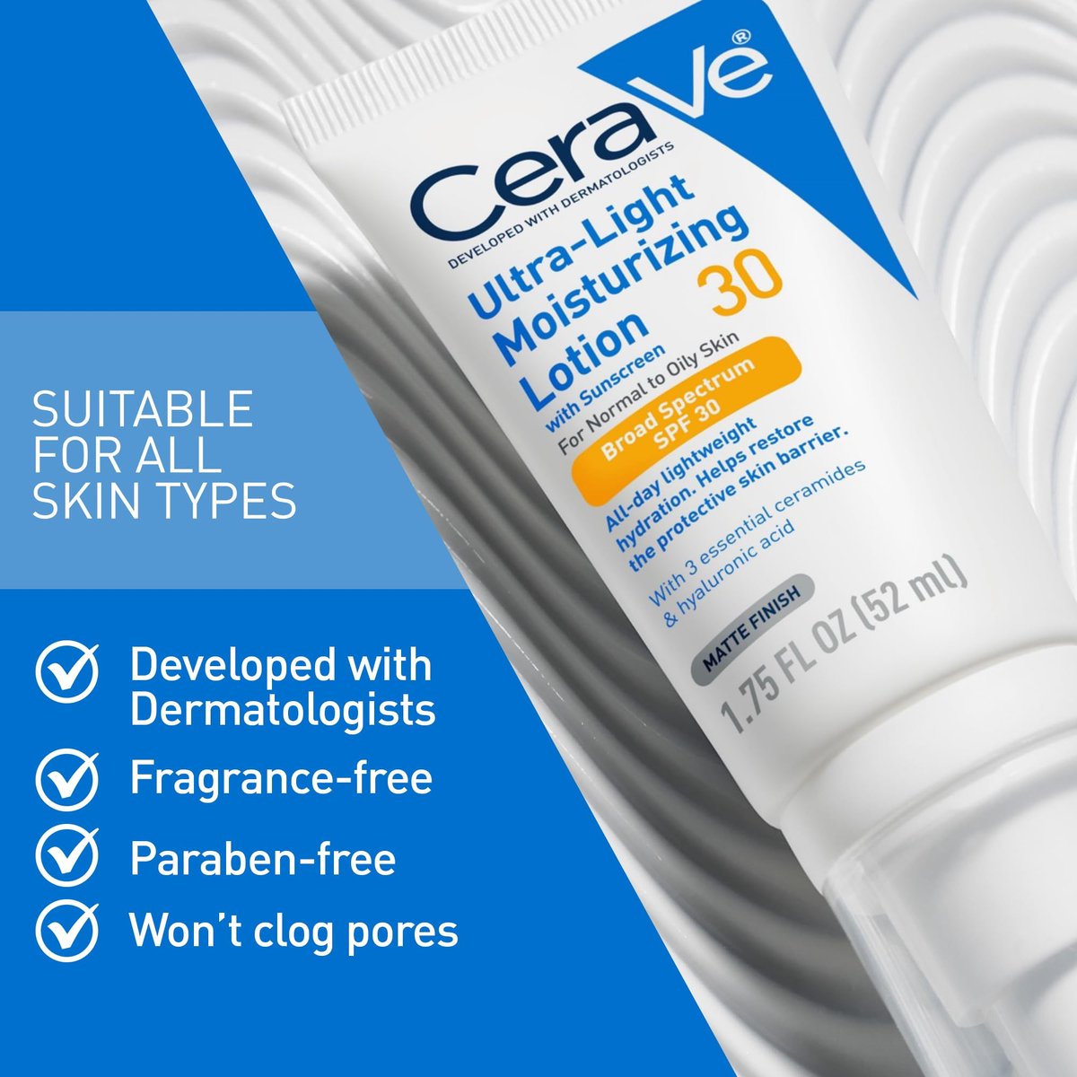 CeraVe Ultra-Light Moisturizing Lotion With SPF 30 - Daily Face Moisturizer with Broad Spectrum SPF, Hyaluronic Acid & Ceramides, Oil-Free Matte Finish, 1.7 oz Avelisse