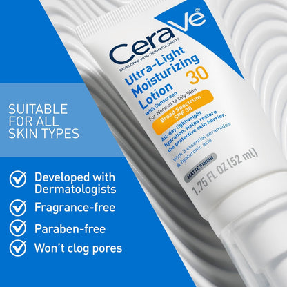 CeraVe Ultra-Light Moisturizing Lotion With SPF 30 - Daily Face Moisturizer with Broad Spectrum SPF, Hyaluronic Acid & Ceramides, Oil-Free Matte Finish, 1.7 oz Avelisse