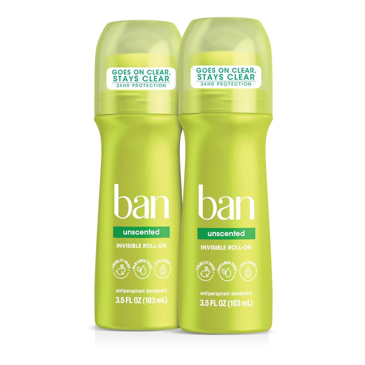 Ban Invisible Roll-on Antiperspirant Deodorant for Women and Men, Unscented, 24-Hour Odor & Sweat Protection, 3.5 oz (Pack of 2) - görsel 1