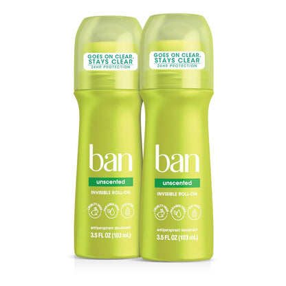 Ban Invisible Roll-on Antiperspirant Deodorant for Women and Men, Unscented, 24-Hour Odor & Sweat Protection, 3.5 oz (Pack of 2)