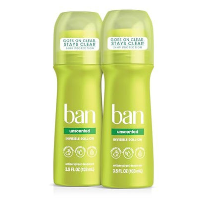Ban Invisible Roll-on Antiperspirant Deodorant for Women and Men, Unscented, 24-Hour Odor & Sweat Protection, 3.5 oz (Pack of 2)
