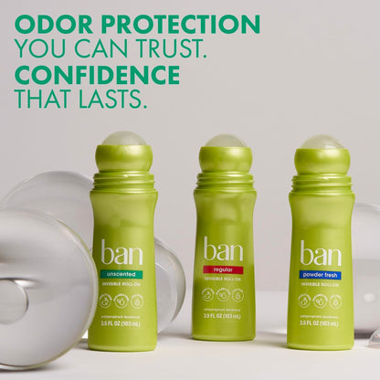 Ban Invisible Roll-on Antiperspirant Deodorant for Women and Men, Unscented, 24-Hour Odor & Sweat Protection, 3.5 oz (Pack of 2)