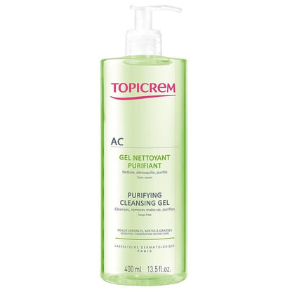 Topicrem AC Purifying Cleansing Gel 400ml - Gentle Daily Face Wash for Oily & Acne-Prone Skin