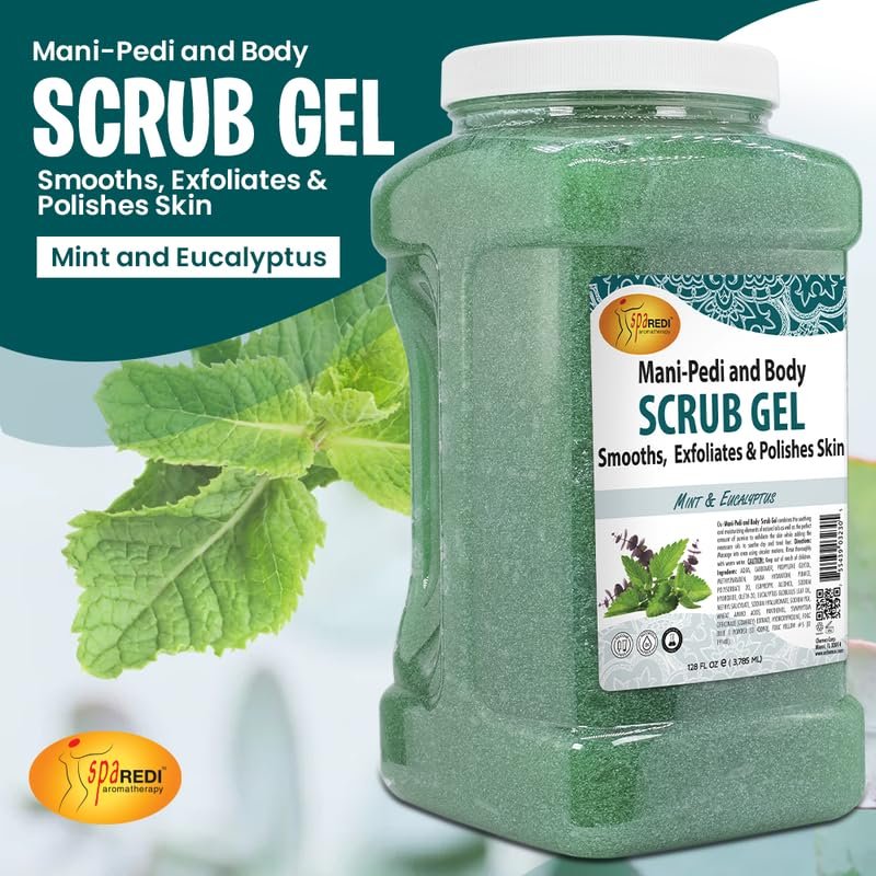 SPA REDI Exfoliating Scrub Pumice Gel - Mint & Eucalyptus, 128 oz - Professional Manicure, Pedicure & Body Exfoliator with Hyaluronic Acid, Amino Acids, Panthenol & Comfrey Extract Avelisse