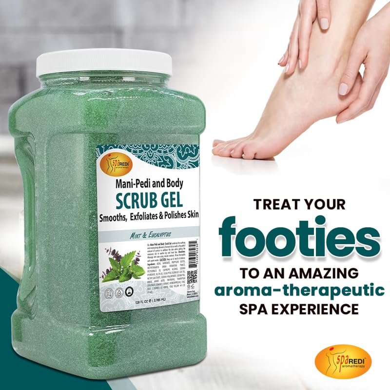 SPA REDI Exfoliating Scrub Pumice Gel - Mint & Eucalyptus, 128 oz - Professional Manicure, Pedicure & Body Exfoliator with Hyaluronic Acid, Amino Acids, Panthenol & Comfrey Extract Avelisse