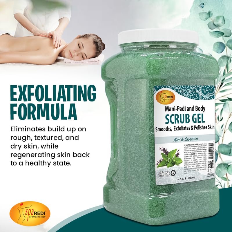 SPA REDI Exfoliating Scrub Pumice Gel - Mint & Eucalyptus, 128 oz - Professional Manicure, Pedicure & Body Exfoliator with Hyaluronic Acid, Amino Acids, Panthenol & Comfrey Extract Avelisse