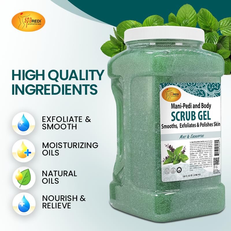 SPA REDI Exfoliating Scrub Pumice Gel - Mint & Eucalyptus, 128 oz - Professional Manicure, Pedicure & Body Exfoliator with Hyaluronic Acid, Amino Acids, Panthenol & Comfrey Extract Avelisse