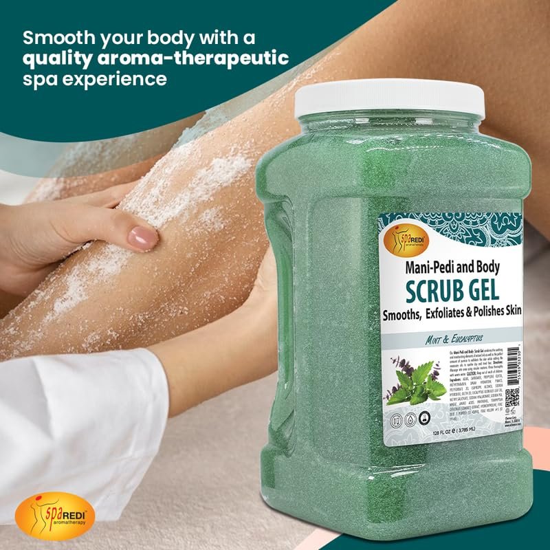 SPA REDI Exfoliating Scrub Pumice Gel - Mint & Eucalyptus, 128 oz - Professional Manicure, Pedicure & Body Exfoliator with Hyaluronic Acid, Amino Acids, Panthenol & Comfrey Extract Avelisse