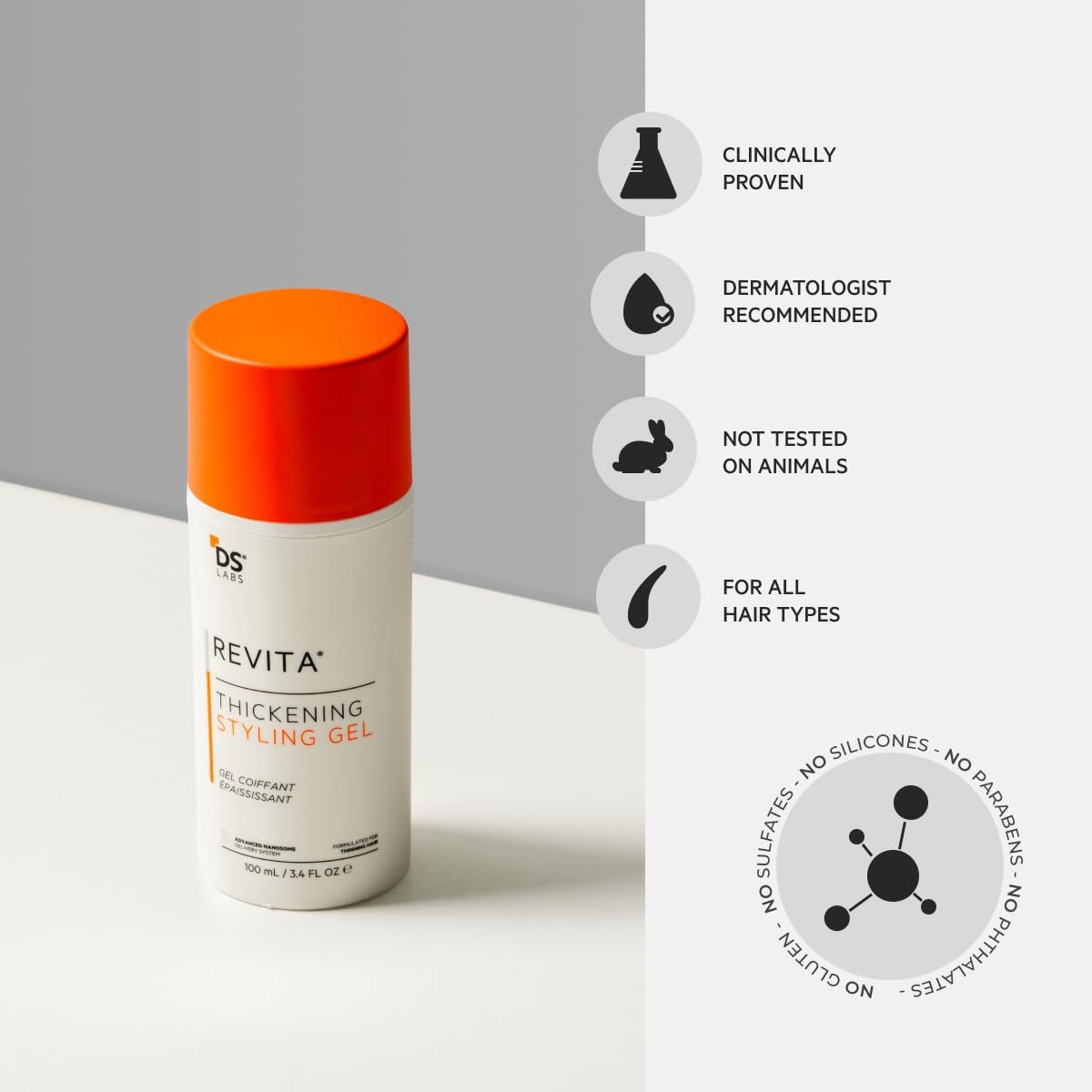 DS Laboratories Revita Hair Styling Gel - Medium Hold, Volumizing, Thicker-Looking Finish, Water-Based, No Flakes, 3.4 Fl Oz Avelisse